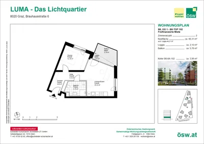 2-Zimmer-Wohnung mieten in Graz – 48,31 m², € 694 – Bild 2 von 4