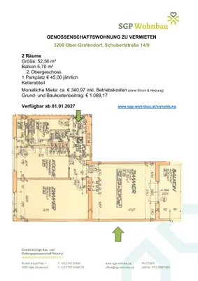 2-Zimmer-Wohnung mieten in Sankt Pölten Land – 52,56 m², € 341