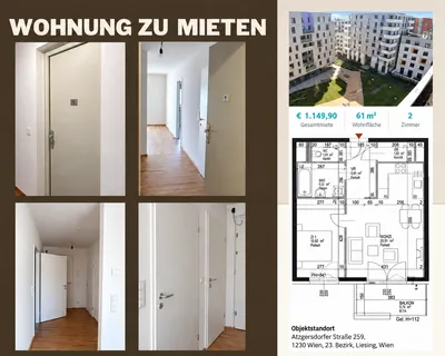 2-Zimmer-Wohnung mieten in Wien – 61 m², € 1.150 – Bild 2 von 7