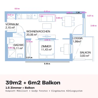 Möbilierte 1.5-Zimmer Neubauwohnung mit Balkon nahe Donau – Bild 3