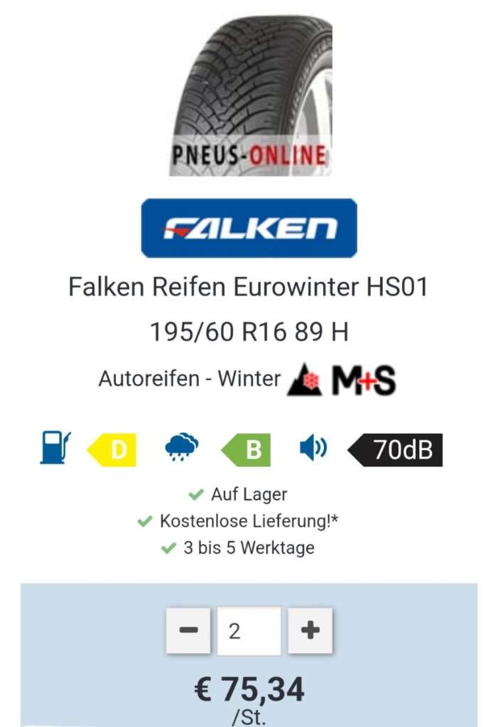 Falken Eurowinter store HS01 Winterreifen Reifen 195/60R16 89H NEU