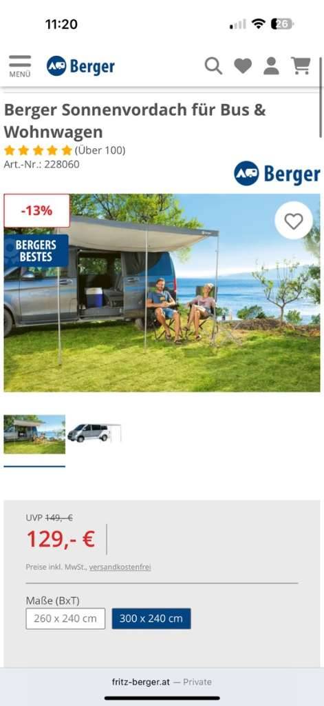 Berger Sonnensegel Markise Wohnmobil Camper,  90,- (5570 Mauterndorf) -  willhaben
