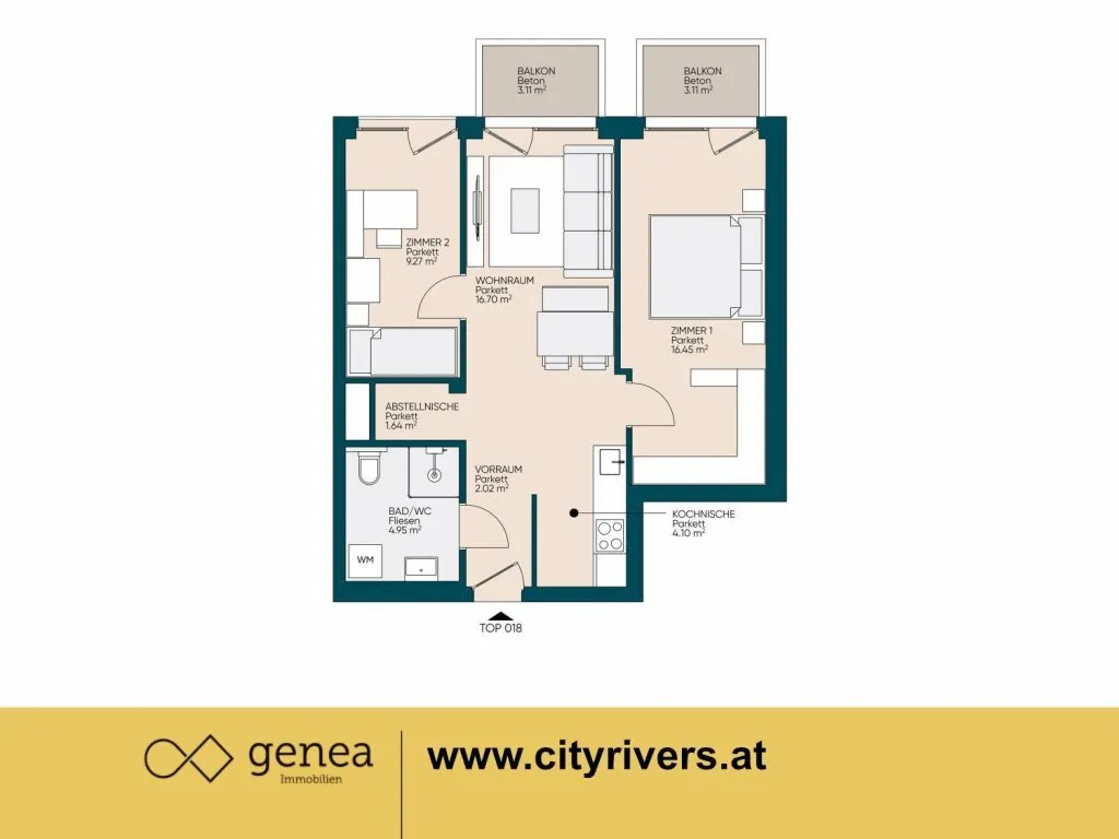 55m² Wohnung mit 3 Zimmern | CITY RIVERS | Neubau | Nähe Augarten - Ansicht 2