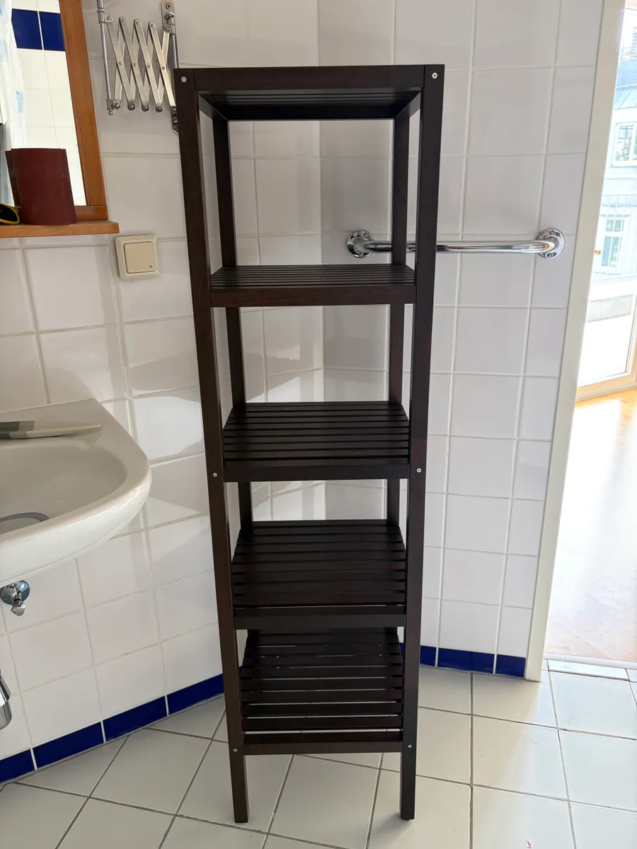 Regal, zB für Badezimmer in Holzoptik dunkel - IKEA MOGLER Badregal 140x37x37, € 30,- (1050 Wien)