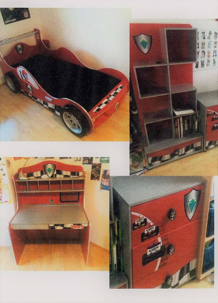 Für kleine Rennfahrer! Kinderzimmermöbel - kompletter Set: Bett, Schreibtisch, Kommode, Bücherregal