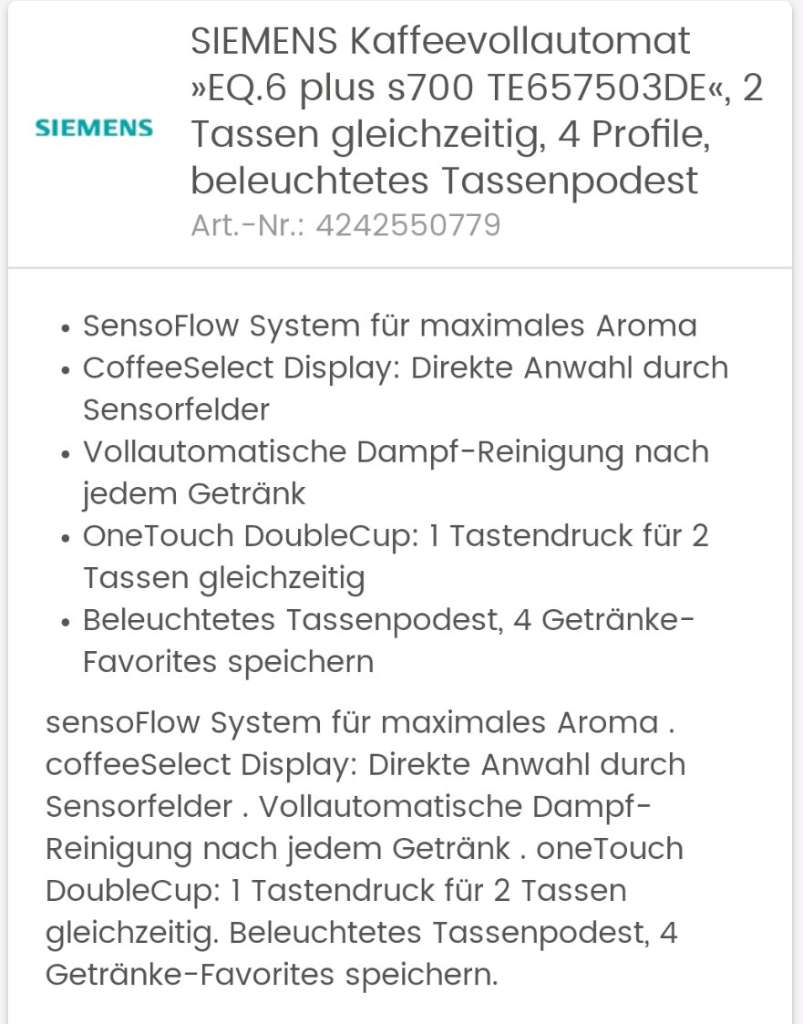 Siemens Kaffeevollautomat EQ.6 plus s700, € (3252 550,- - Petzenkirchen) willhaben
