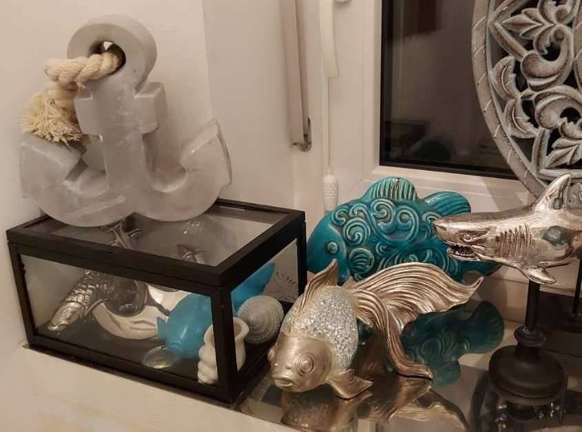 Fisch Keramik Anker Meer Muscheln Kiste Schatztruhe Maritim Schnecke Meerestiere Silber Türkis Deko Urlaub Fisch Muschel Schnecke für Bad Dekoration Restaurant Fischlokal Pizzeria Zierfisch Zierde Anker chrom färbig