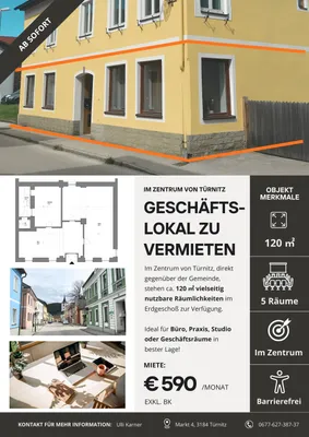 5-Zimmer-Gewerbeimmobilie mieten in Lilienfeld – 120 m², € 590