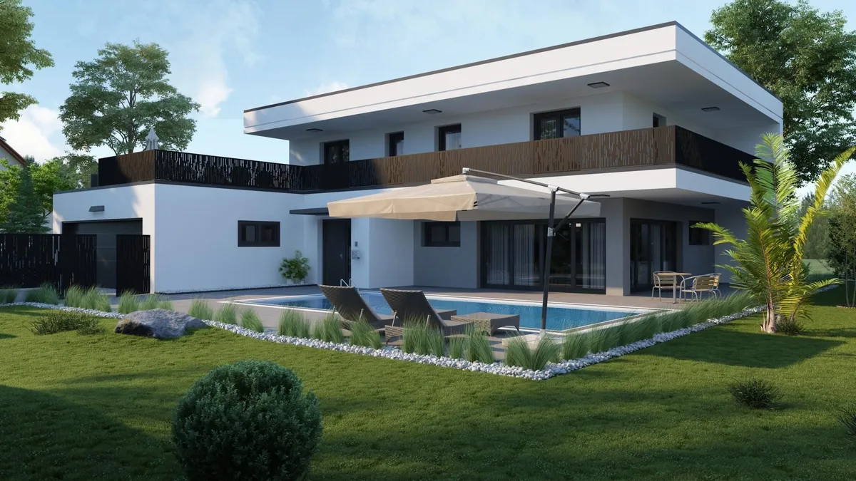 Neugebautes Luxushaus, Ziegelmassiv mit Fernsicht, Pool, Doppelgarage- plus 2 Doppelhaushälften - Widok 2